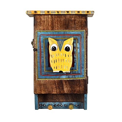 Image of AAKRITI ART CREATIONS Key Holder, Hooting Owl Key Hanger with Storage Box | Rustic Wood Wall Organizer with 7 Hooks | New Home Gifts | Multifunctional Entryway Decor Item