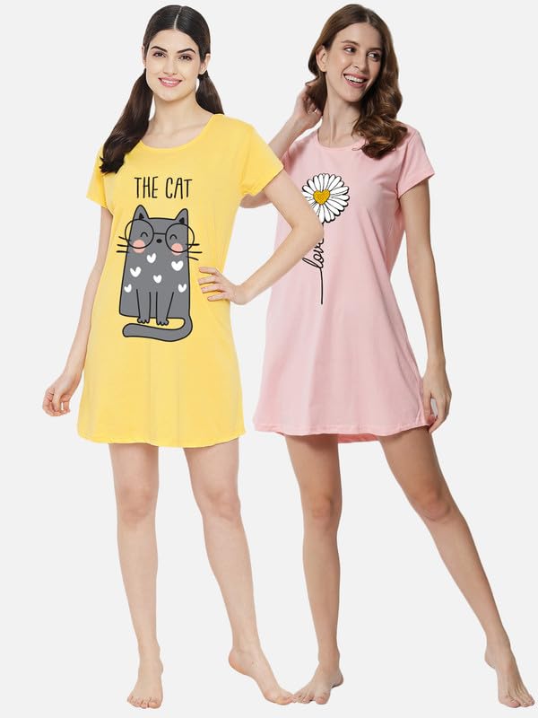 Image of Fflirtygo Women's Cotton Nighty | Printed Knee Length Night Gown |Relaxed Fit Nightwear |Short Nightdress| Long T-Shirt | Sleepwear & Casual Wear Nighty (Pack of 2)