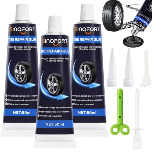 Sinofort 3PCS 50ml Tyre Repair Glue, Tyre Repair Kit, Black Adhesive Rubber Glues, Waterproof Strong Rubber Cement Sealant for Car, Motorcycle Quickly Repairs Cracks, Holes, and Peeling of Various