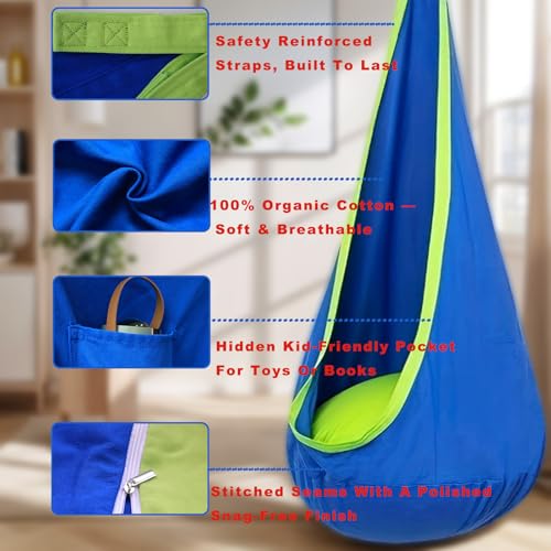 Kids Sensory Swing with 360° Rotation & Adjustable Height – Indoor/Outdoor Pod Swing for Autism, Durable, Safe with Four-Hole Screws, Supports Up to 176lbs – Complete Accessories Kit(Blue) - Image 3