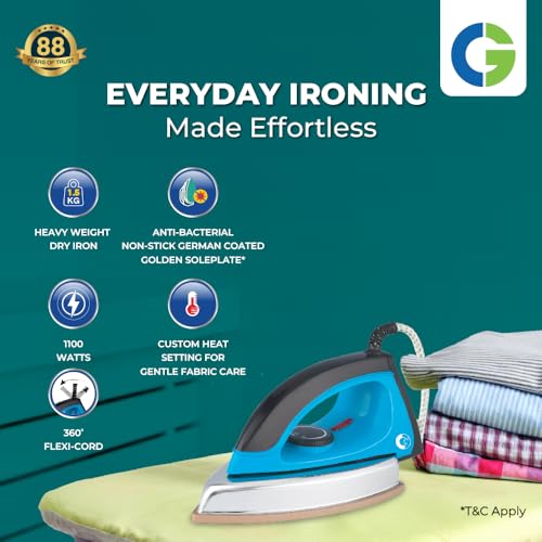 Image of CG -IRNOR1100 Norris Heavy Weight Dry Iron Press 1000 W with Anti-Bacterial Non-stick, German Coated Soleplate, 360 Degree Flexi Cord, BIS Certified 2Yr Replacement Manufacturer Warranty
