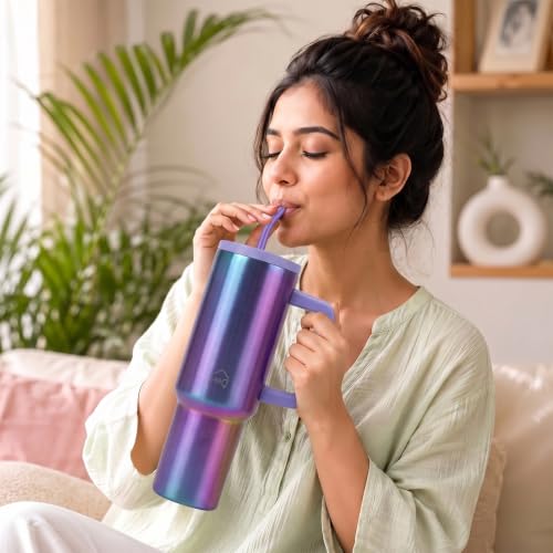 Image of House of Quirk 1200ML Stainless Steel Tumbler with Handle & Lid, 2 Straws - Large Travel Mug Water Cup for Gym, Office & Outdoor Use (Aurora Prism)