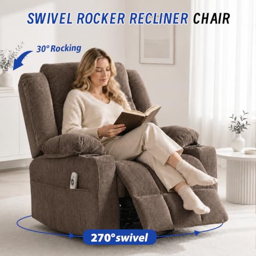Image of Power Swivel Rocker Recliner Chair with Massage and Heat for Adults,Electric Glider Reclining Single Sofa Chair for Living Room,USB & Type-C Charging Ports, Infinite Position,Coffee Brown
