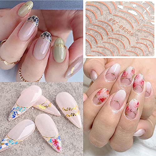 French Line Nail Art Stickers Decals 8 Sheets 3D Self-Adhesive Metal Curve Stripe Lines Design Nail Decorations Half Moon, Wave Line, Metallic Chains Line And Star For Women Acrylic Nail Supply #TOP4