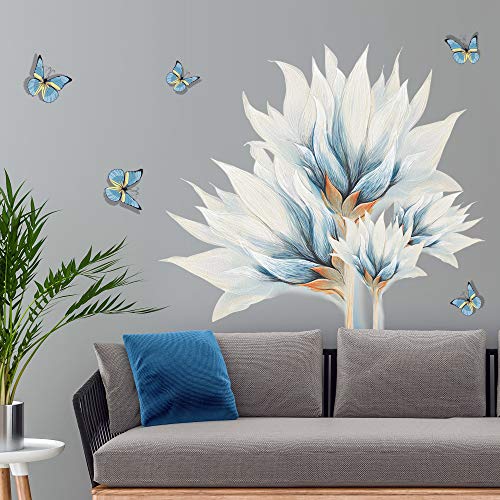 Drwssr Watercolor Blue Butterfly White Flower Wall Decal Bouquet Wall Sticker Diy Removable Peel And Stick Wall Art Mural For Living Room Sofa Background Bedroom Study Home Decoration(White) #TOP2