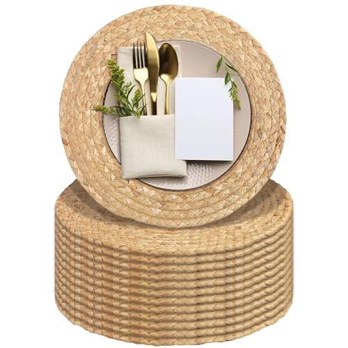 Image of Kochorie Set of 12 Round Woven Placemats 12-Inch Natural Water Hyacinth Plant Placemats Hand-Woven Boho Rattan Placemat Wicker Weave Table Mats for Home Dinner Plates Holiday Supplies