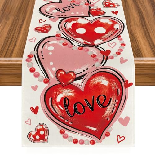 Chemin de Table Coeur, 33 x 183 CM Chemin de Table Romantique, Chemins de Tables Saint Valentin, Nappe Décorative, Décorations de Tables Lavables, pour...