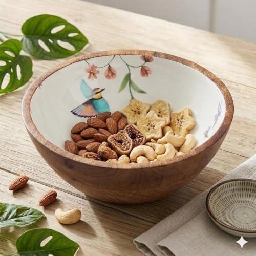 Image of SAAGA Printed Mango Wood Mixing Bowl - 8 x 2.5 Inch Large Wooden Serving Bowl | Stylish Salad, Fruit & Snack Bowl - Mistletoe Finish
