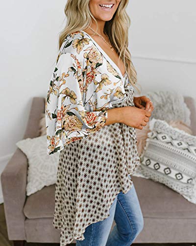 Women Floral Kimono Cardigans 3/4 Ruffle Sleeve Lightweight Patchwork Flowy Boho Tie Loose Cover Ups2