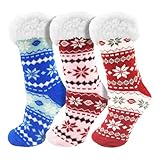 Sherpa Lined Slipper Socks, 3 Pairs for Women, Fluffy Christmas Winter Patterned with Gripper Bottoms, Warm Soft (Fair Isle)