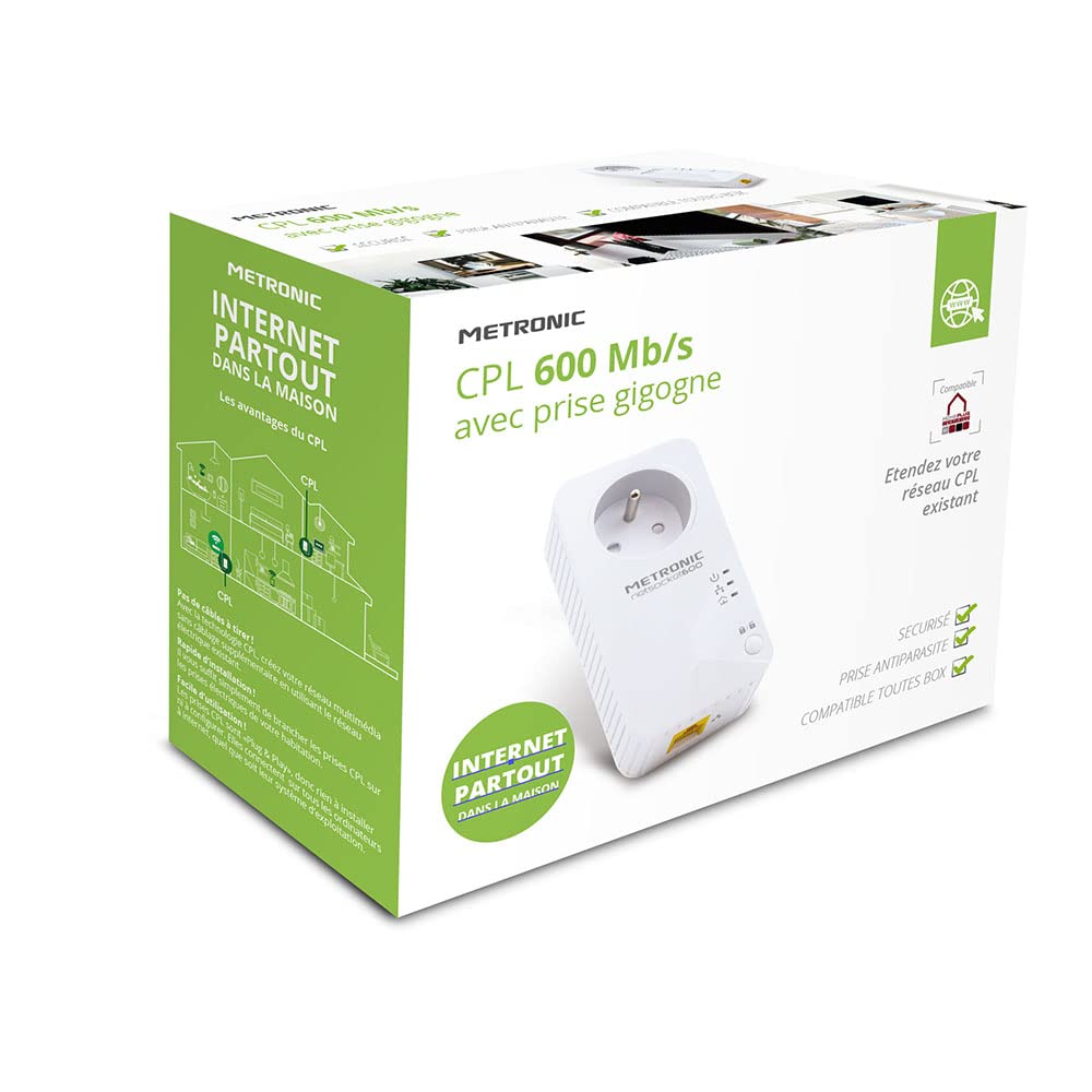 Metronic 495466 Prise CPL netsocket 600 MB/s avec 1 Port Fast Ethernet 100 MB/s et Prise gigogne
