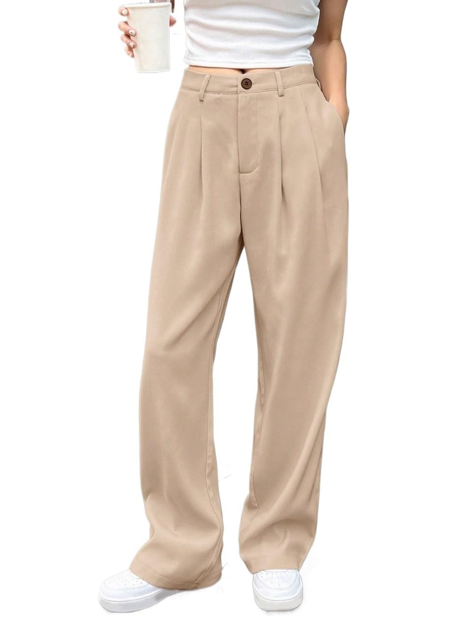 Womens Fall Casual Solid Color Pleated Wide Leg Loose Pants Trousers