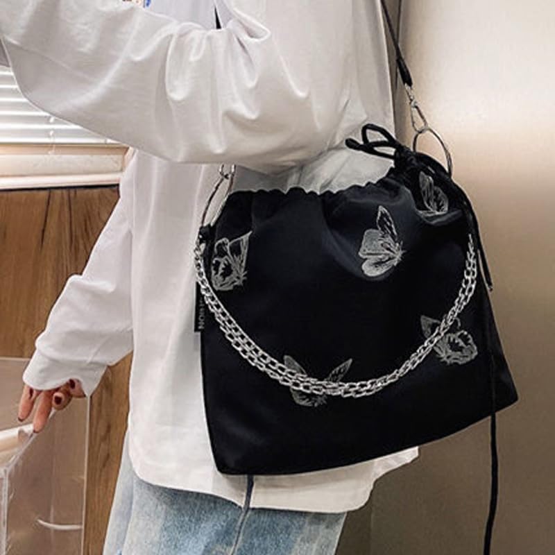 2PCS Butterfly Pattern Bucket Bags - Y2K Chain Crossbody Purses with Trendy Drawstring Shoulder Design2