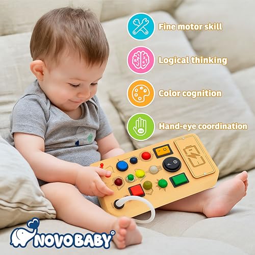 Image of Novo Baby Busy Board for Toddlers 1-3 Years | Montessori Toy with Switches, Buttons & Activities | Portable Wooden Busy House | Educational Toy for Baby Boys & Girls Age 2 3