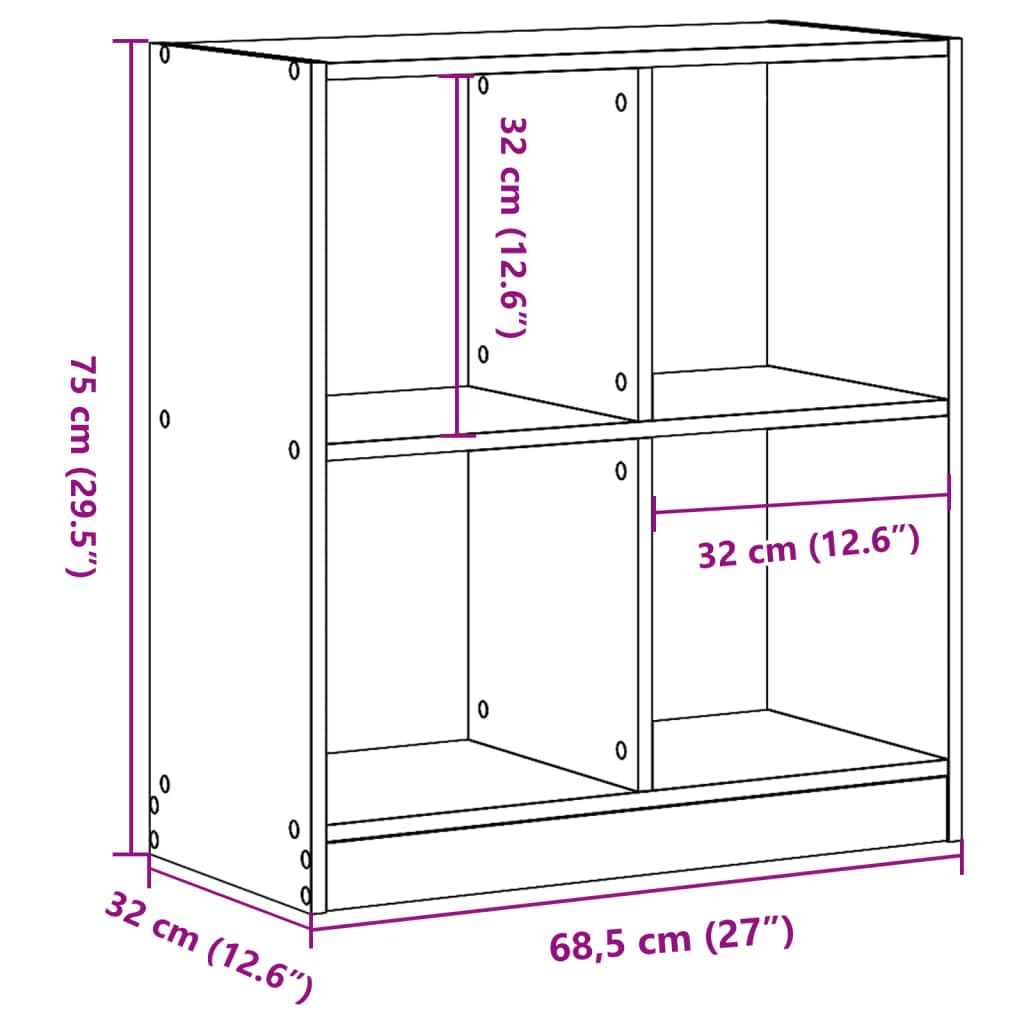 Bücherregal Grau Sonoma 68,5x32x75 cm Holzwerkstoff | 4 Fächer, Pflegeleicht, Feuchtes Tuch Reinigung, Raumteiler, Inklusive Wandhalterung