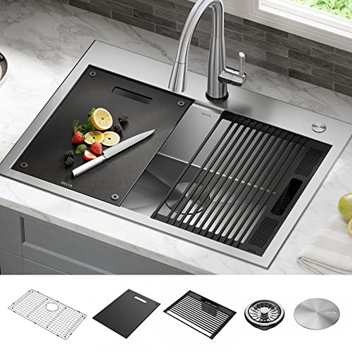 DELTA-FAUCET-Rivet-30-Inch-Workstation-Kitchen-Sink-Drop-In-Top-Mount-16-Gauge-Stainless-Steel-Single-Bowl-with-WorkFlow-Ledge-and-Chefs-Kit-of-5-Accessories-95A931-30S-SS DELTA FAUCET Rivet 30 Inch Workstation Kitchen Sink Drop In Top Mount 16 Gauge Stainless Steel Single Bowl with WorkFlow Ledge and Chefs Kit of 5 Accessories 95A931 30S SS