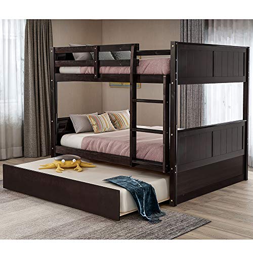 Bunk Beds with Trundle, Rockjame Solid Wood Full Over Full Bunk Bed Frame