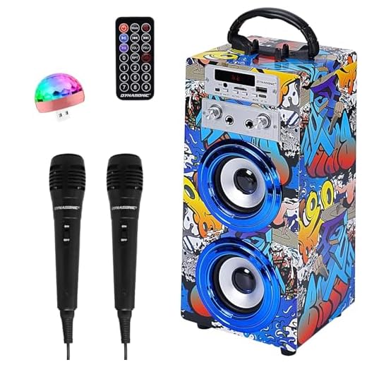 Máquina de Karaoke Portátil DYNASONIC, Altavoz Karaoke con 2 Micrófonos, Altavoz Bluetooth, Luz USB incluida, Lector USB y SD, diseño Exclusivo, Regalo Original (025-16 luz)