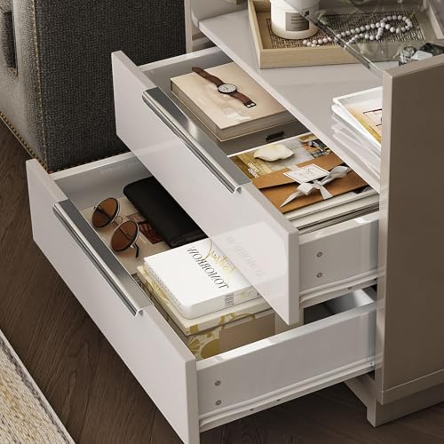 Image of AMERLIFE Nightstand Set of 2, 23.6 inch High Gloss End Table with Glass Tabletop, Modern Bedside Table with Charging Station, 2 Drawers Nightstand for Bedroom, Cream & Gray
