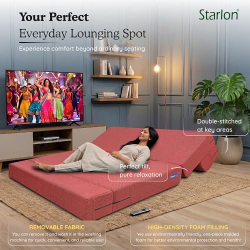 Image of Starlon 3 Seater Foldable Sofa Cum Bed 3-in-1 with Washable Jute Fabric Cover, Space Saving Guest Bed for Living Room & Apartment, Royal Maroon 6x6 Ft