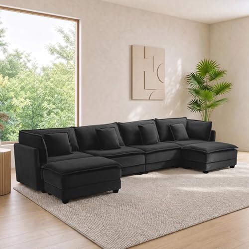 Image of Corduroy Sectional Couch, 4 Seater 149.2 inch U Shaped Cloud Couch with 2 Ottomans, Modular Deep Seat Sofa with Pillows for Living Room, Apartment, Black