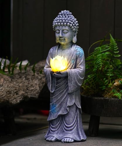 Yeomoo Figurine de Bouddha debout avec LED solaire - Lotus - Décoration de jardin - Résistante aux intempéries - Décoration pour jardin zen, salon - Feng Shui...
