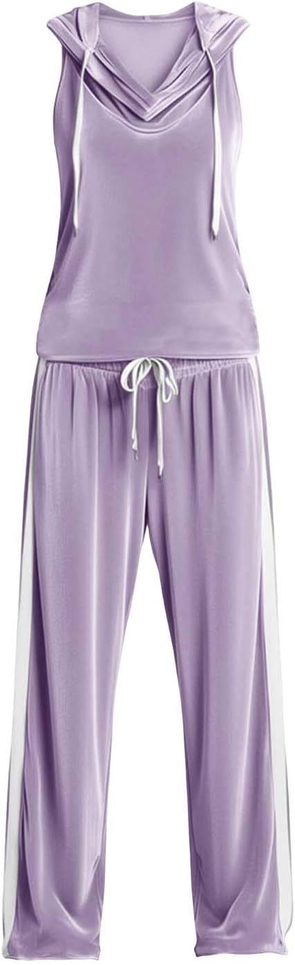 Women Sweatsuits Set Velvet 2 Piece Tracksuit Outfits Velour Sleeveless Cropped Hoodie Tops and Sweatpants Set