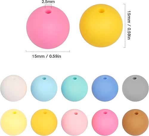Miniatura 3 de 80 cuentas de silicona, cuentas redondas de silicona de 0.59 pulgadas a granel, cuentas sueltas de silicona grandes para llavero, cordones,