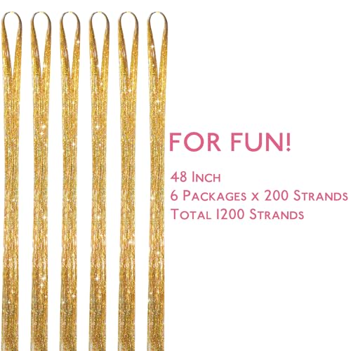 Image of WENNALIFE Hair Tinsel for Girls, Gold Fairy Kit 1200 Strands 6PCS 48 Inch Heat Resistant Glitter Tinsel Hair Extensions Kit Christmas Angel for Sparkle Strands