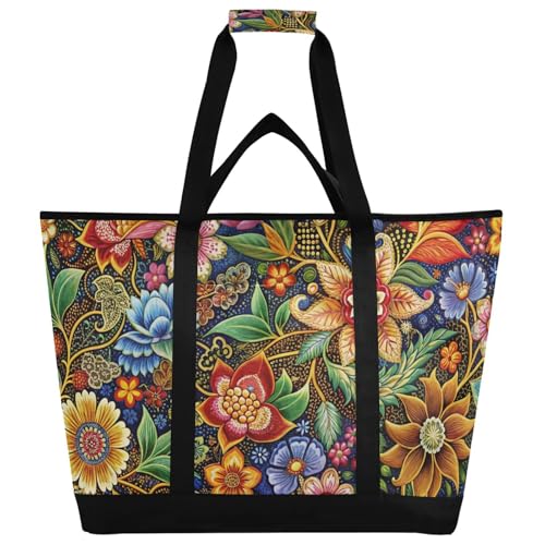 Indonesian Batik Flowers Large Insulated Tote Bag for Grocery Shopping Reusable Tote Bags for Women Men, Cooler Bag with Zippered Top & Handles for Beach Picnic Travel