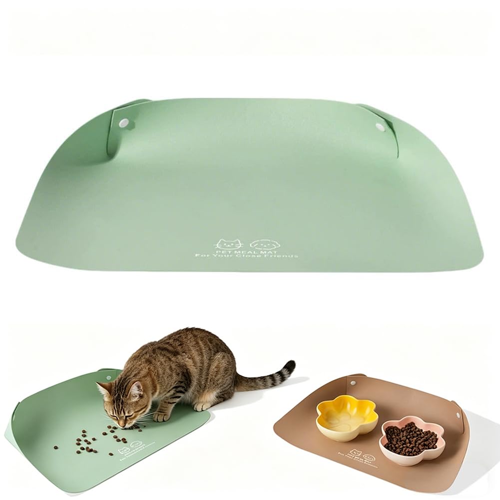 Anti-Spill Dog Cat Food Mat,Waterproof & Oil-Proof PU Leather Pet Feeding Mat,Snap-On Raised Edges Contain Spills for Small to Medium Pets, Easy Clean,20”x14” (Green)