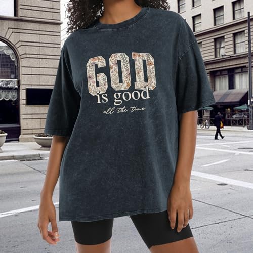Image of Christian God is Good Shirts for Women Jesus Faith Religious T Shirts Floral Graphic Oversized Acid Washed Tee Tops