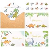 Crisky Dinosaur Thank You Cards 300gsm Kraft Paper, Stick Well 50 Pack Cute Dino Notes， Jurassic Greenery Greeting Cards with Envelopes Stickers for Birthday Baby Shower Party Favors