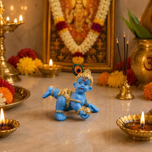 Image of Gold Art India 24K Gold Plated Blue Terracotta Laddu Gopal Idol (2.5 Inch) with Premium Velvet Gift Box | Makhan Chor Bal Krishna Murti for Home Temple, Car Dashboard, Office Desk & Spiritual Gift