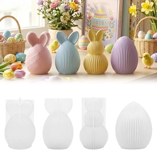 4 Pièces Lapin de Pâques Moule Bougie,Moule en silicone 3D pour Pâques,MouleBougeoir Lapin,Bougies dePâques Mouleen Silicone,Moules en siliconepour bougies...