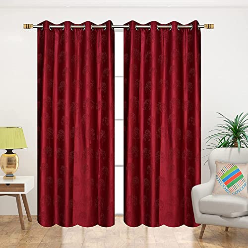 Image of Polyester Premium Tree Design Punching Screen for Home Office | Door Curtain 7 Feet Long Set of 4 | Modern Parde for Living Room Bedroom | Eyelet Rings | Maroon Curtains