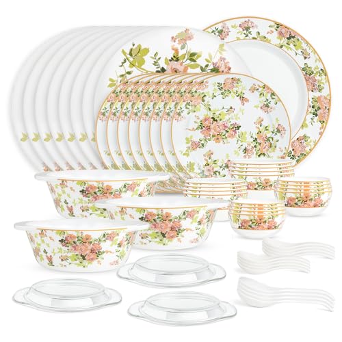 Image of Larah by Borosil 51pc Opalware Amora Dinner Set for Family of 8 | Microwave & Dishwasher Safe Crockery Set for Dining & Gifting | Plates & Bowls