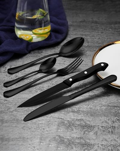 EUIRIO 48-Piece Black Silverware Set with Steak Knives, Heavy Duty Black Flatware Set for 8, Food-Grade Stainless Steel Tableware Cutlery Set, Utensil Sets for Home Restaurant, Mirror Finish