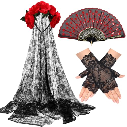Janinka 3 Pcs Day of the Dead Costume Accessories for Women Rose Flower Headband Veil, Short Lace Gloves and Embroidered Sequins Fabric Folding Fan Halloween Party Costume