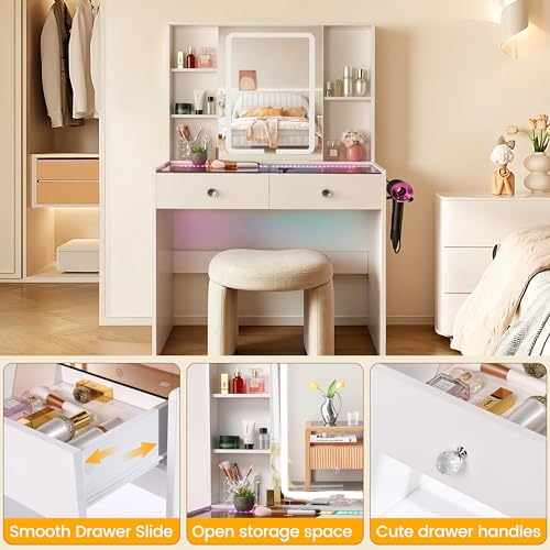 Image of Makeup Vanity Desk with LED Mirror & RGB Lights, White Modern Bedroom Vanity Set Glass Top Vanity Table for Women, Adjustable Brightness & 3 Color Modes, 2 Drawers Storage