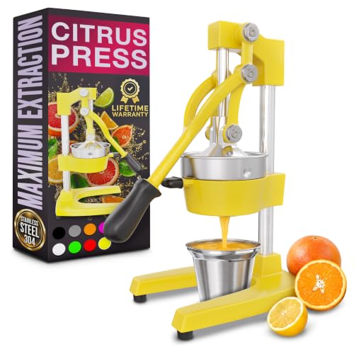 Image of Cast Iron Juicer Hand Press, Heavy-Duty Squeezer (Yellow) | Lever Manual Citrus Press Juicer & Orange Squeezer for Lemon, Lime & Lemonade; Steel Cone & Strainer; for Home or Bar
