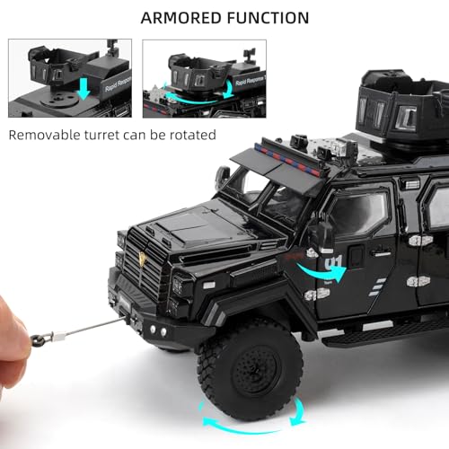 LOVEPOSELY Compatible for 1:24 Saber-Toothed Tiger Alloy Armored Car Model, Collectible Diecast Armoured Explosive Protected Vehicle Toy, Pull Back Toy Car with Sound and Light for Adult Kids (Black) - Image 4