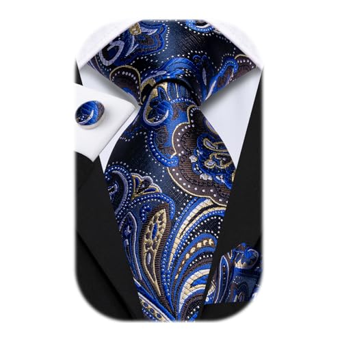 Image of Hi-Tie 70 inches Ties for Men Silk Extra Long Necktie and Pocket Square Cufflinks Set Men Big and Tall Tie Business