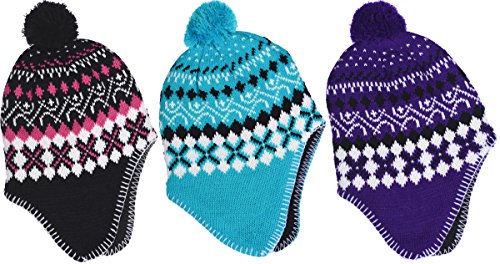 SWAK Girl's Micro-Fleece Lined Knit Hat with Ear Flaps and Pom Top in 3 Colors2