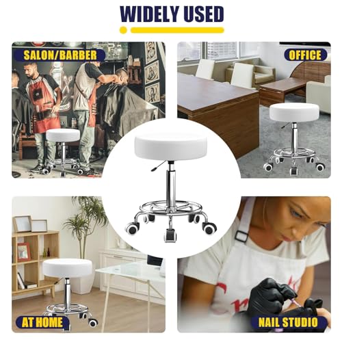 Image of Rolling Stool With Heavy Weight Capacity 250lb, PU Leather Seat, Wheels and Footrest - Ultra Soft Padded, 360 Swivel for Spa, Drawing, Salon, Work, Office, Tattoo (White)