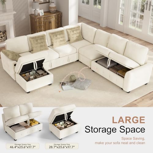 Image of Hanherry 106 inch Sectional Sofa with Pull Out Couch Bed,7 Seat Corduroy Sleeper Sofa with 2 Seat Storage & USB Charging,Storage Ottoman,Comfy Modular Couches for Living Room,Apartment