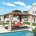 Domi Outdoor Living 12’ x 12’ Hardtop Gazebo, Wooden Coated Aluminum Frame Canopy with Polycarbonate Double Roof, Outdoor Permanent Metal Pavilion with Curtains and Netting for Patio, Deck and Lawn