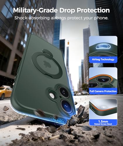 Image of FNTCASE for iPhone 16 Case: [360 Spin Magnetic Stand] [Compatible with Magsafe] [Screen Protector] Translucent Matte Military Grade Shockproof Full Camera Protective Phone Cover - Green