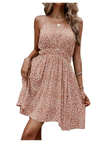 Image of SweatyRocks Women's Boho Floral Print Spaghetti Strap Cami Dress Casual Flare Short Dresses Orange XS