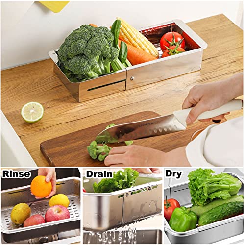 Dirbuy Over The Sink Colander Strainer Basket Stainless Steel - Extendable Kitchen Sink Colander Basket - Sink Colander For Kitchen Rinse Veggies And Fruits (10"L X 5.5"W X 2.4"H) #TOP2